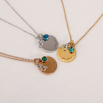 Personalised Sterling Silver Age, Disc and Birthstone Necklace worn styling photo showing elegant design