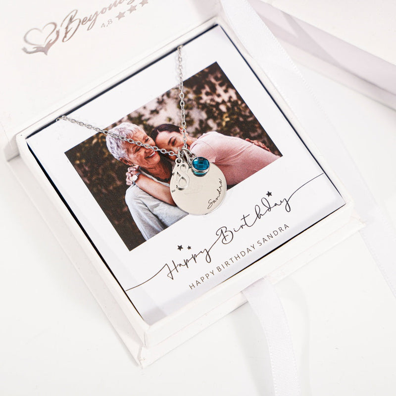 Close-up detail of Personalised Sterling Silver Age, Disc and Birthstone Necklace showing premium quality craftsmanship