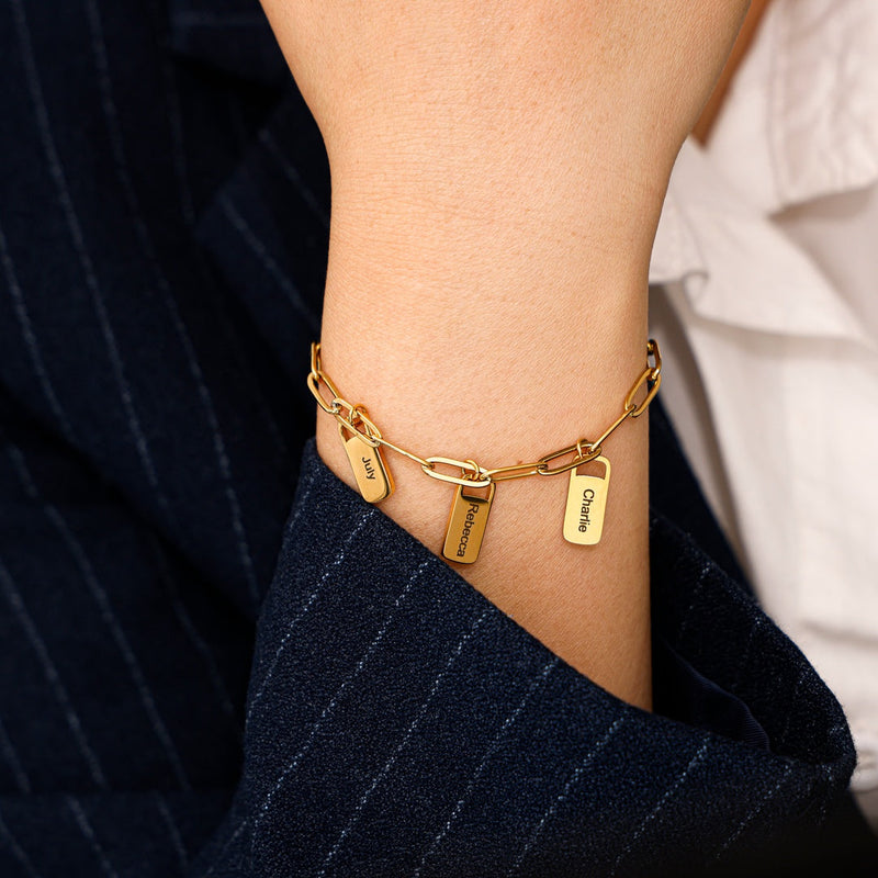Close-up detail of Chain Link Bracelet with Custom Charms showing premium quality craftsmanship