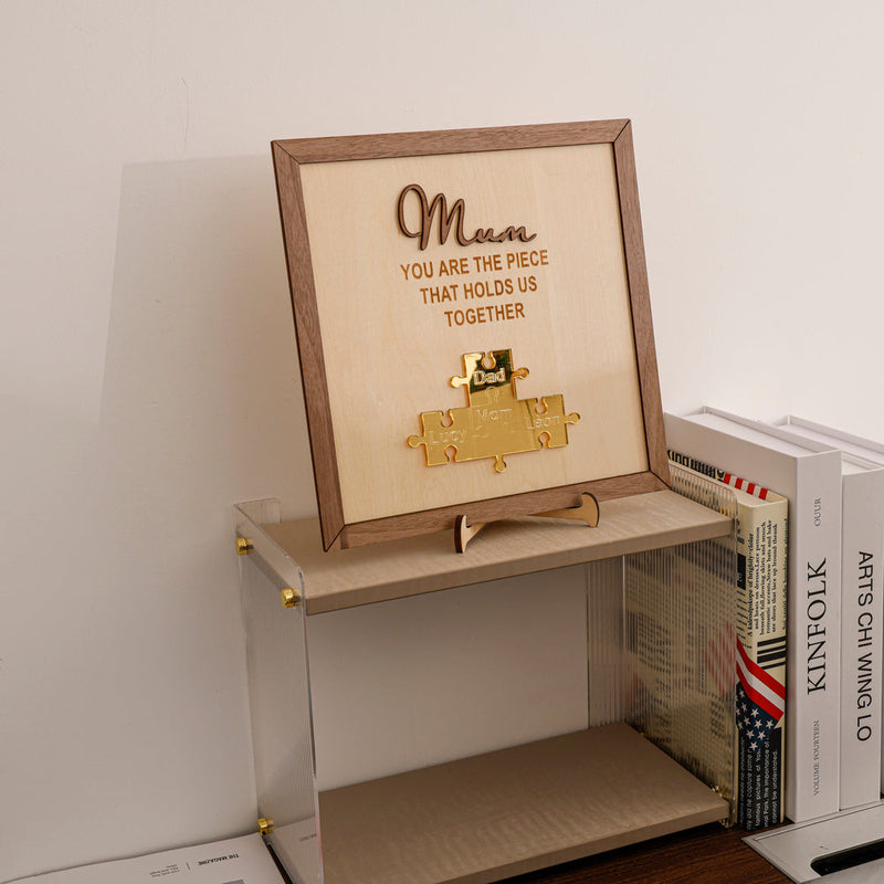 Close-up detail of Puzzle sign - Mom, you are the piece that holds us together showing premium quality craftsmanship