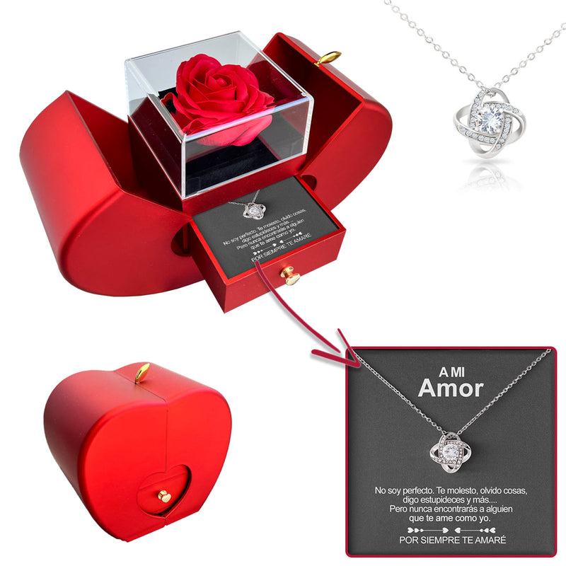 Sterling Silver Necklace - With Real Rose - A mi Amor with surprise rose gift box front view - Beyond Love