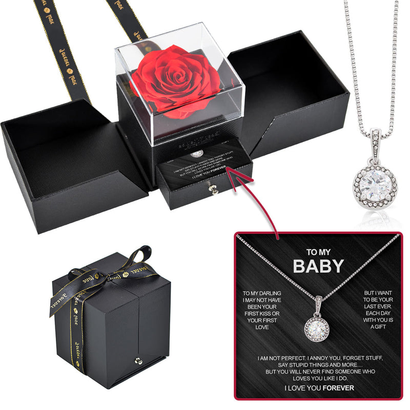 Sterling Silver Necklace - Gift Box - To My Baby with surprise rose gift box front view - Beyond Love