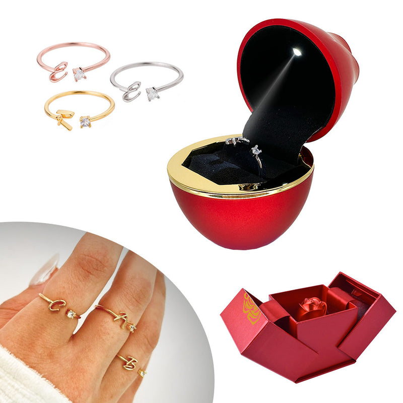 Initial Ring with Luxury Rosebox with Light with surprise rose gift box front view - Beyond Love