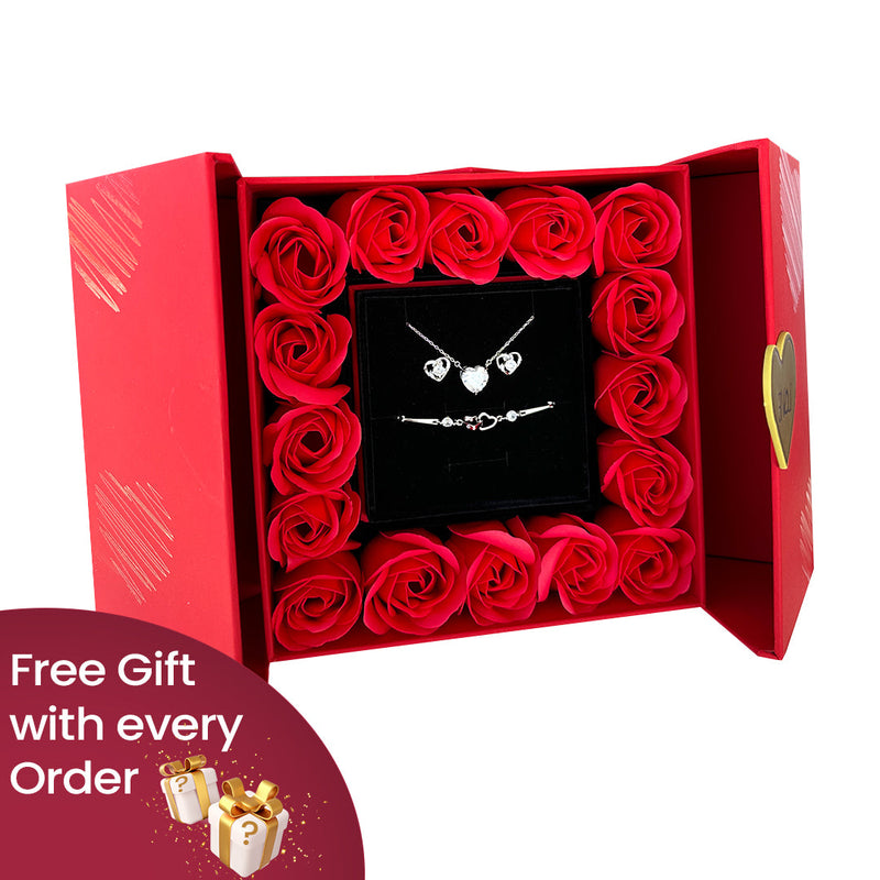 Crystal Set - Necklace, Earrings & Bracelet with surprise rose gift box front view - Beyond Love