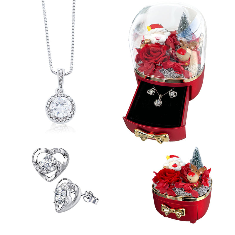 Christmas Gift Set - Luxury Necklace & Earrings with surprise rose gift box front view - Beyond Love