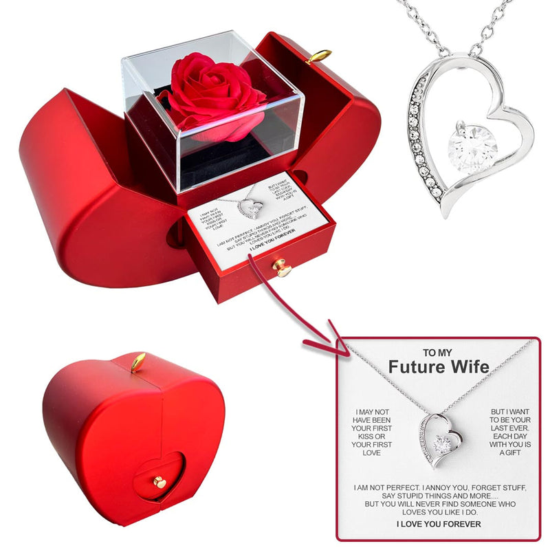 Sterling Silver Necklace - With Real Rose - To my future Wife with surprise rose gift box front view - Beyond Love