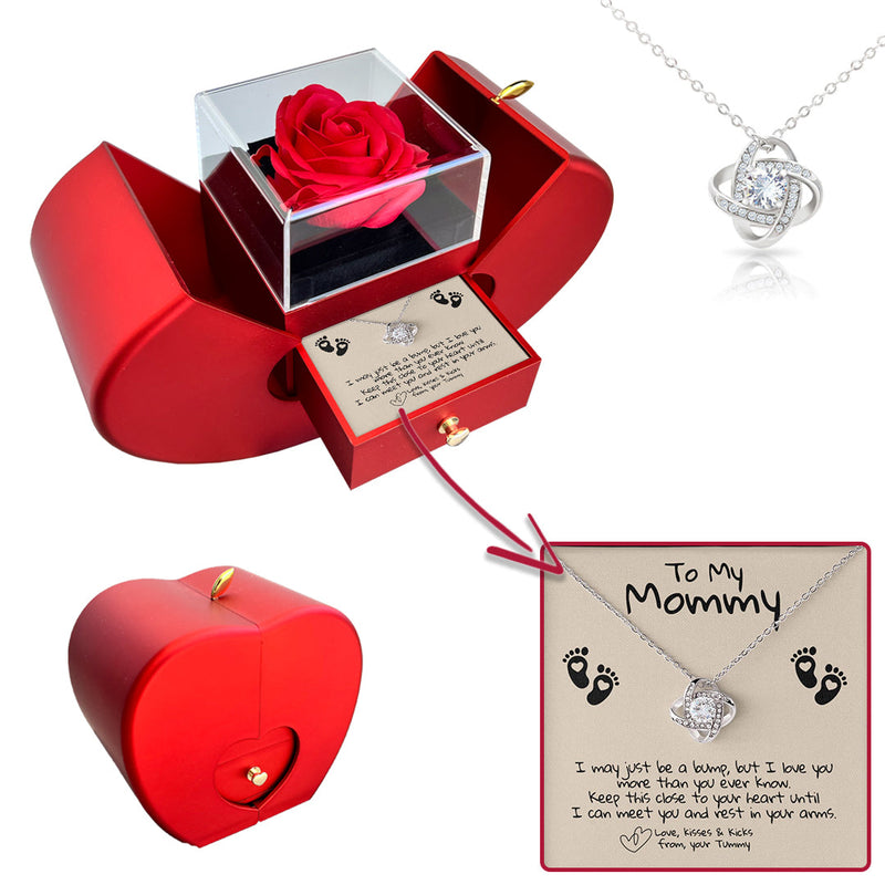 Sterling Silver Necklace - With Real Rose - To my Mommy with surprise rose gift box front view - Beyond Love