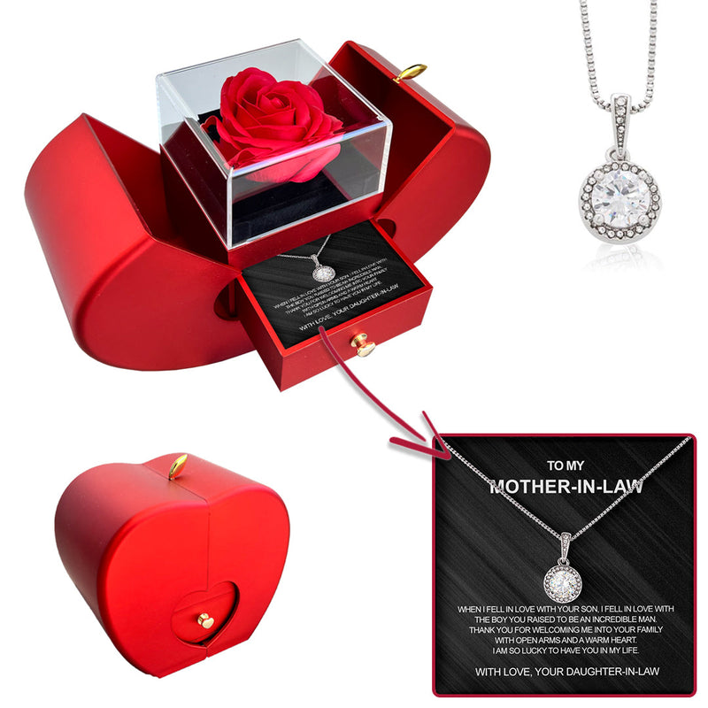 Sterling Silver Necklace - With Real Rose - To My Mother in Law with surprise rose gift box front view - Beyond Love