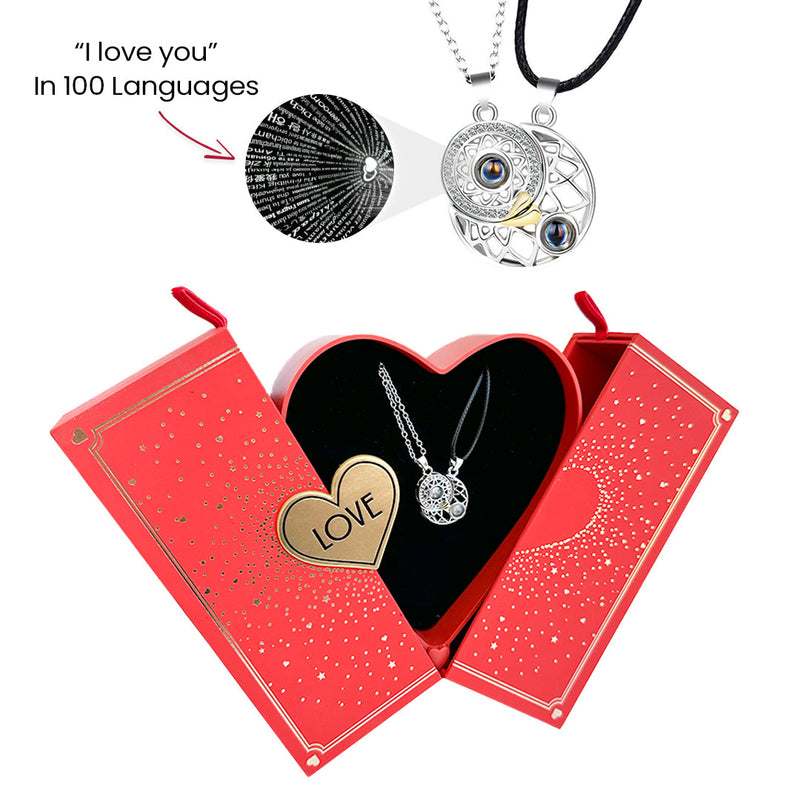 I LOVE YOU in 100 languages Necklaces - Heart Box with surprise rose gift box front view - Beyond Love