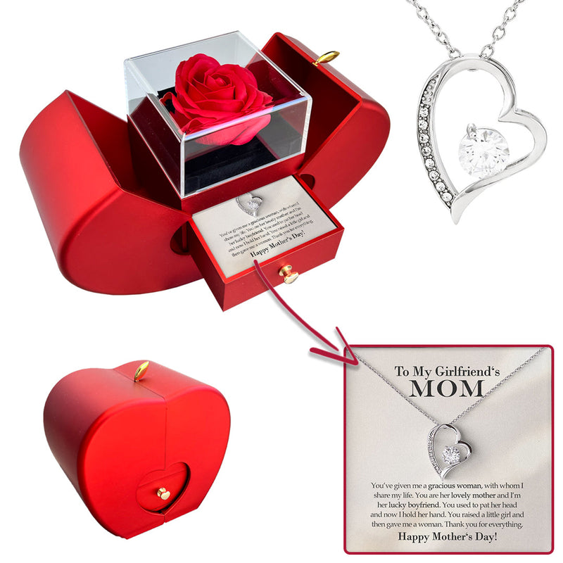Sterling Silver Necklace - With Real Rose - Boyfriend´s Mom with surprise rose gift box front view - Beyond Love