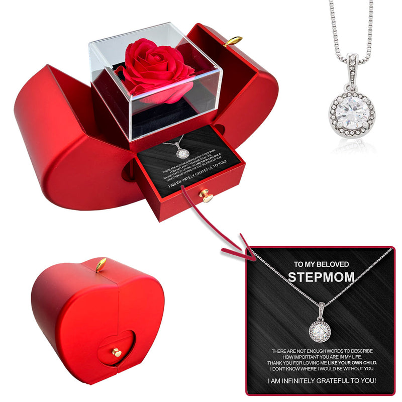 Sterling Silver Necklace - With Real Rose - To My Stepmom with surprise rose gift box front view - Beyond Love
