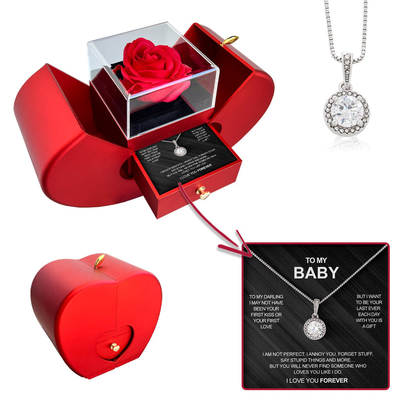 Sterling Silver Necklace - With Real Rose - To My Baby with surprise rose gift box front view - Beyond Love