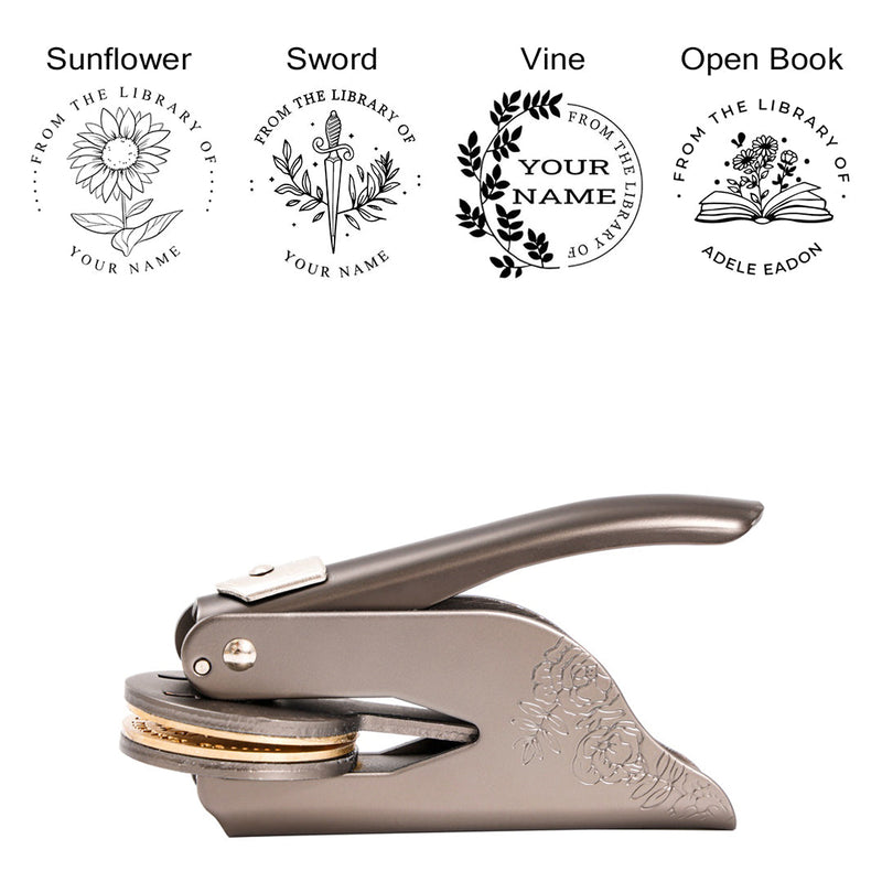 Custom Book Embosser with custom engraving front view - Beyond Love