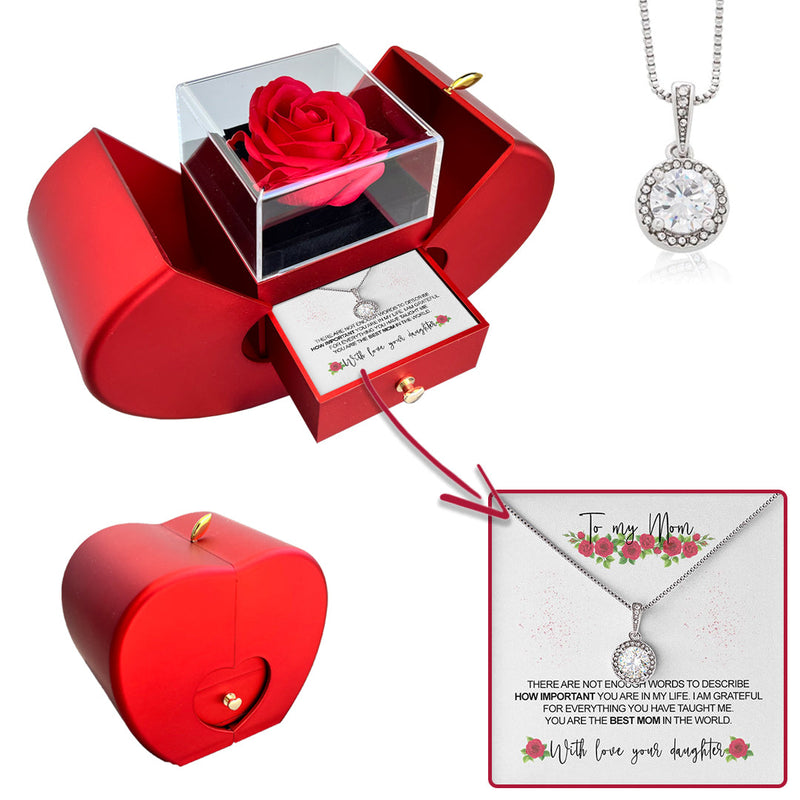 Sterling Silver Necklace - With Real Rose - To my Mom with surprise rose gift box front view - Beyond Love