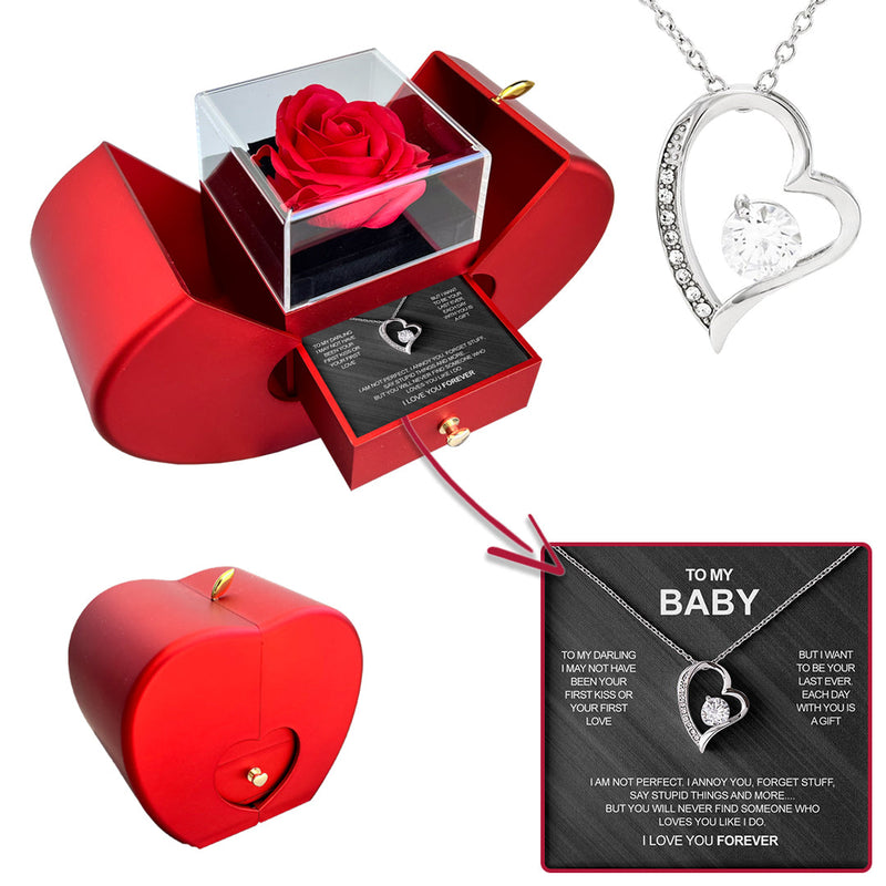 Sterling Silver Necklace - With Real Rose To My Baby with surprise rose gift box front view - Beyond Love