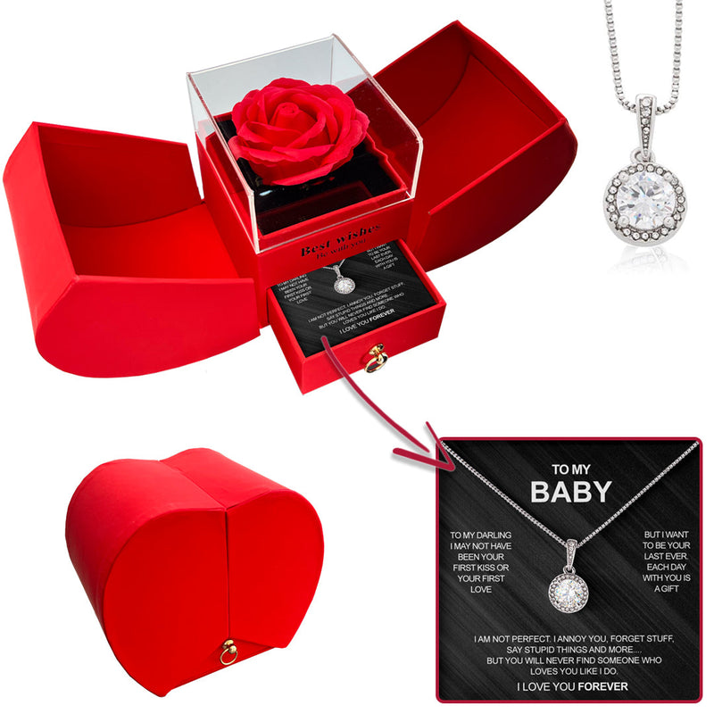 Sterling Silver Necklace - Heart Box - To My Baby with surprise rose gift box front view - Beyond Love