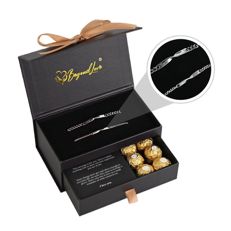Beyond Love Personalized Bracelets – Valentine’s Day Set with surprise rose gift box front view - Beyond Love