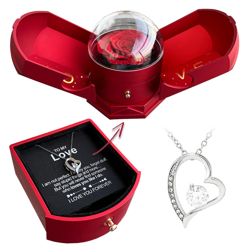 14k White Gold Necklace - With real Rose - To my Love with surprise rose gift box front view - Beyond Love