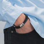 Close-up detail of Engraved leather wristband - To my beloved Dad showing premium quality craftsmanship
