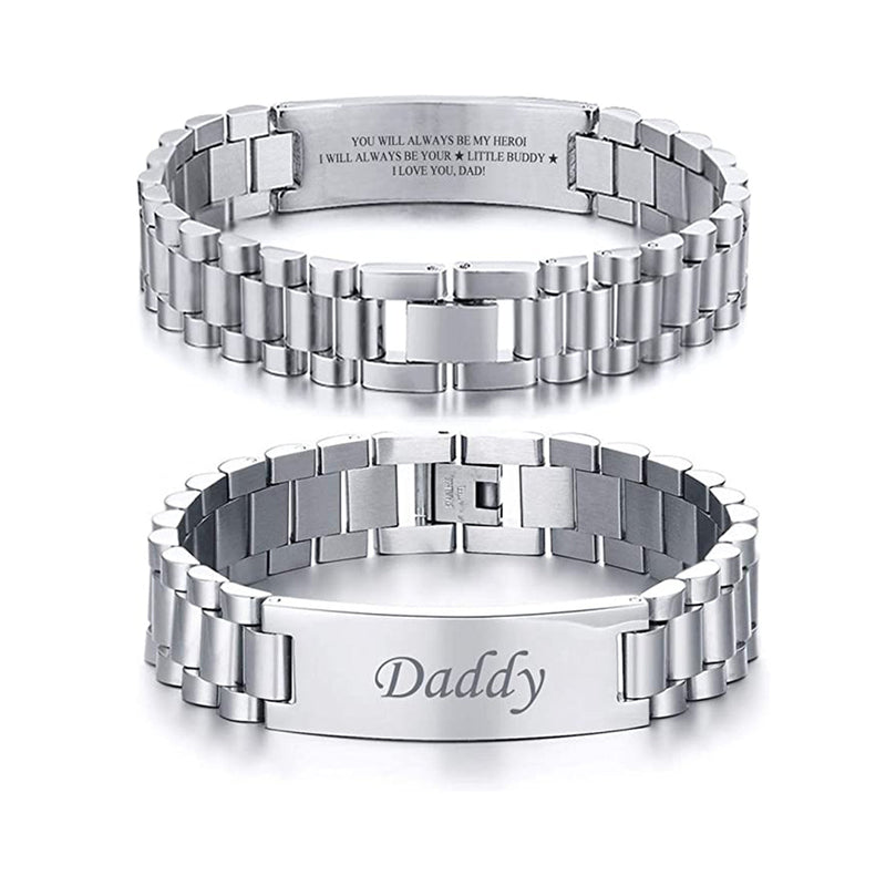 Close-up detail of Stainless Steel Link Bracelet - To my beloved Dad showing premium quality craftsmanship