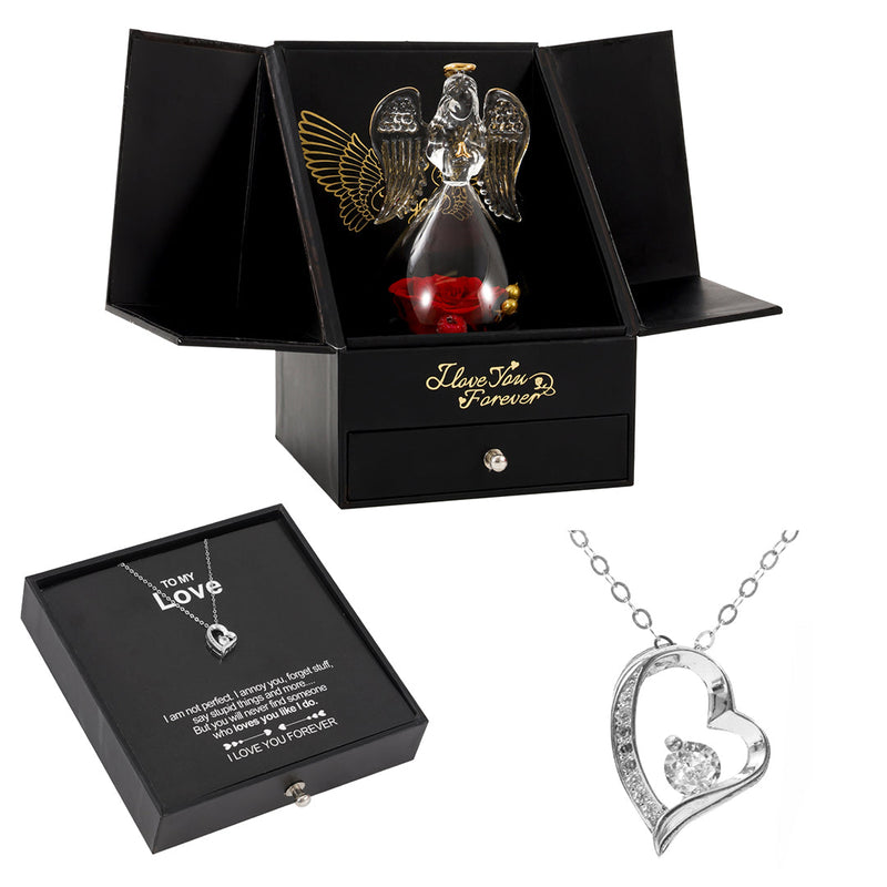 14K White Gold Necklace - With a Glass Angel - To My Love with surprise rose gift box front view - Beyond Love