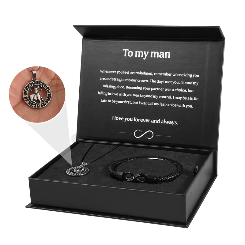 Endless-Bracelet with Engraving & Zodiac Sign Necklace with surprise rose gift box front view - Beyond Love
