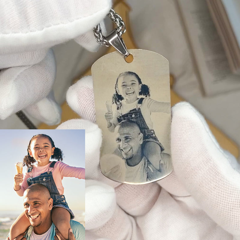 Close-up detail of Photo Engraved Military Necklace - I Love You showing premium quality craftsmanship