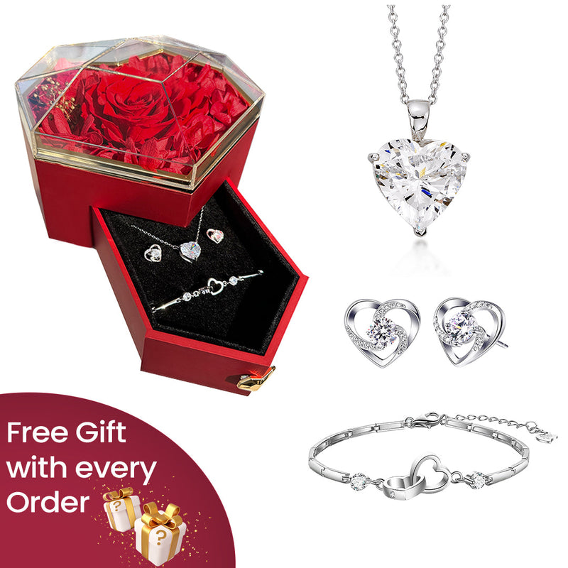 Sparkling Love Set - Necklace, Earrings & Bracelet with surprise rose gift box front view - Beyond Love