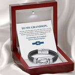 Close-up detail of Leather wristband - Forever connected - To my Grandson showing premium quality craftsmanship