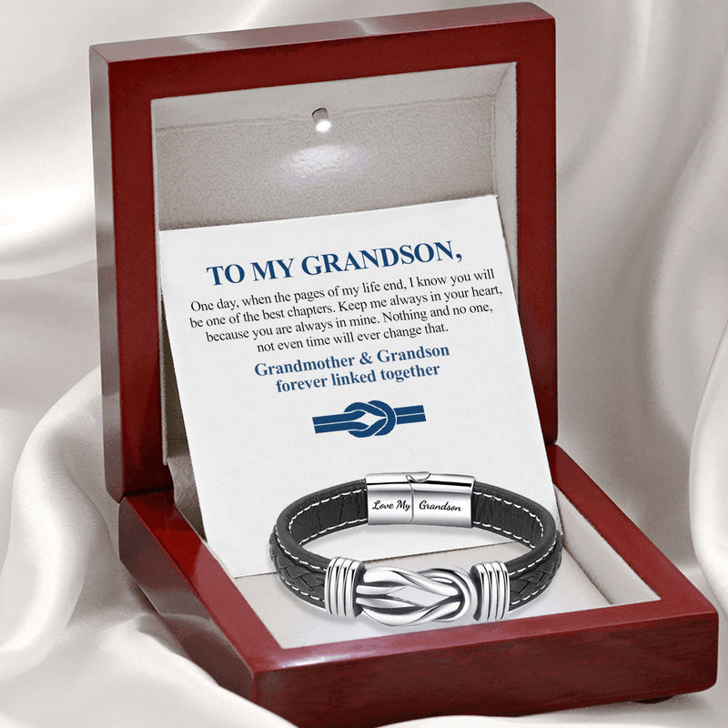 Close-up detail of Leather wristband - Forever connected - To my Grandson showing premium quality craftsmanship