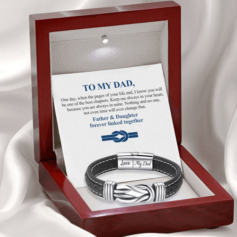 Close-up detail of Leather wristband - Forever connected - To my Dad showing premium quality craftsmanship