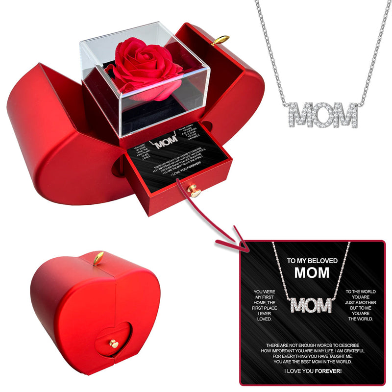 Crystal Necklace - With Real Rose - To my Mom with surprise rose gift box front view - Beyond Love
