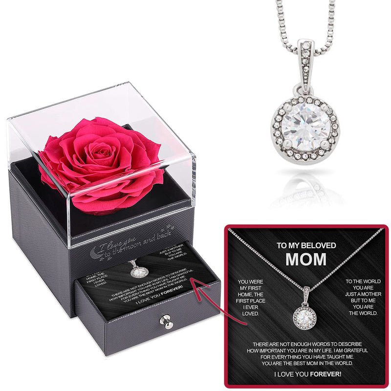 Sterling Silver Necklace with Rose Box - To My Mother with surprise rose gift box front view - Beyond Love