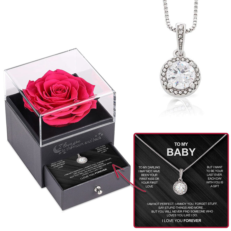 Sterling Silver Necklace with Roses Gift Box - To My Baby with surprise rose gift box front view - Beyond Love
