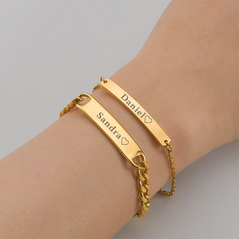 Close-up detail of Luxury partner bracelets - with engraving showing premium quality craftsmanship