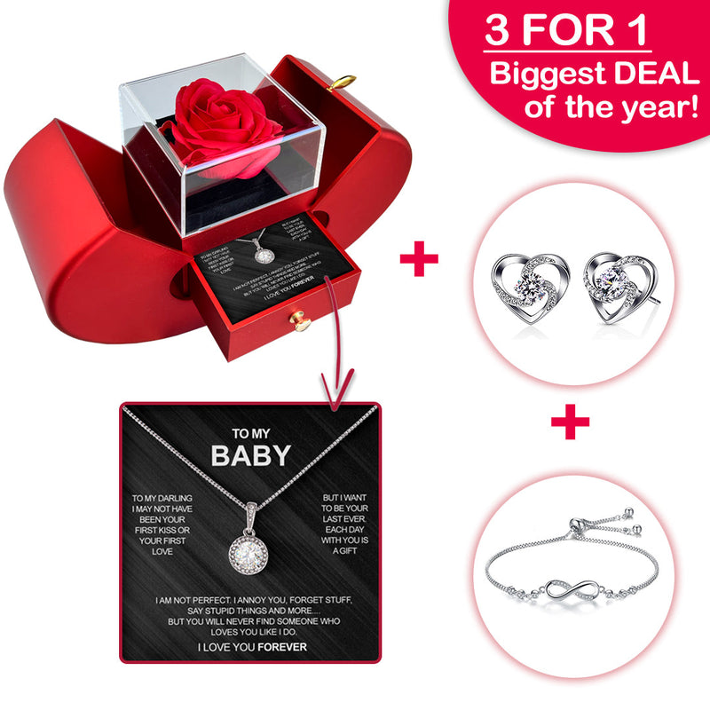 Sterling Silver Necklace with Real Rose + Earrings & Bracelet  front view - Beyond Love