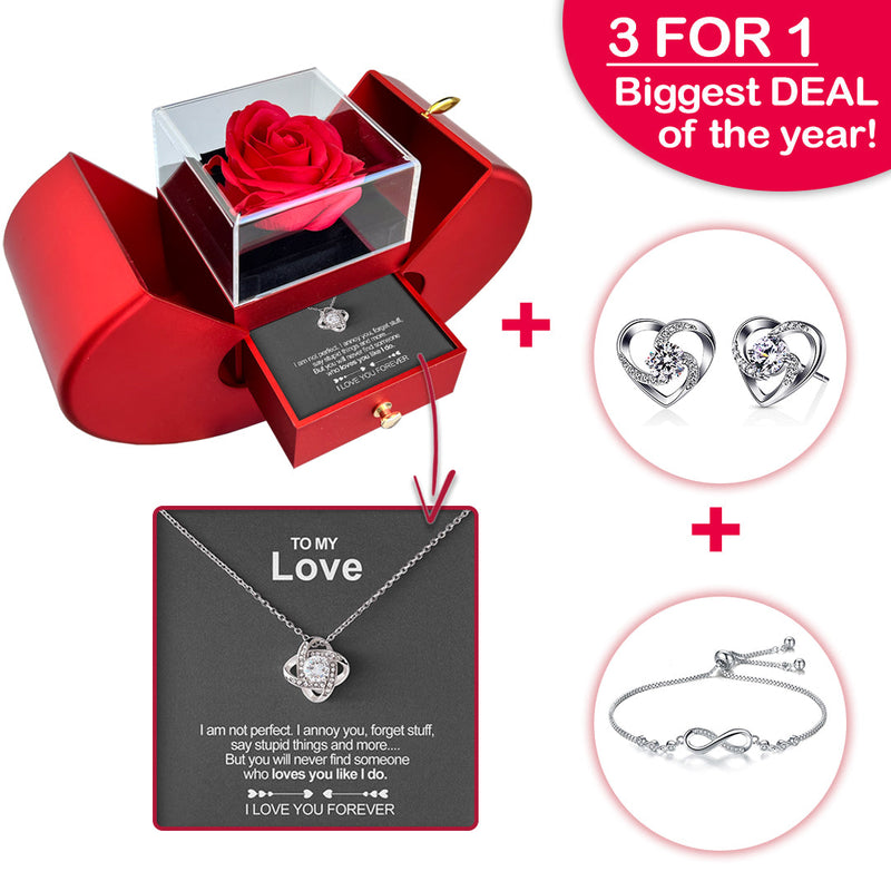 Sterling Silver Necklace with Real Rose + Earrings & Bracelet  front view - Beyond Love