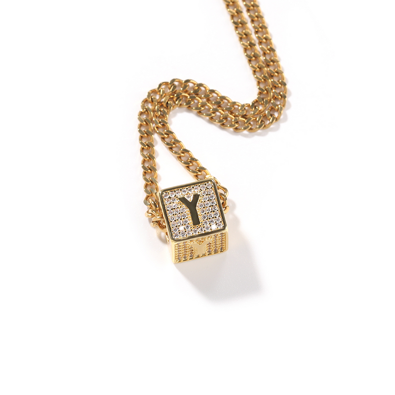 Iced Cube Initial Necklace with custom engraving front view - Beyond Love