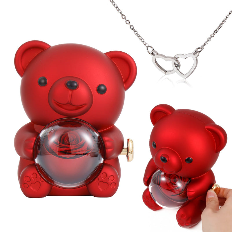 Engraved Heart Necklace - with real Rose Bear Giftbox with surprise rose gift box front view - Beyond Love