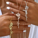 Birth Flower Necklace- Personalized with your Name with custom engraving front view - Beyond Love