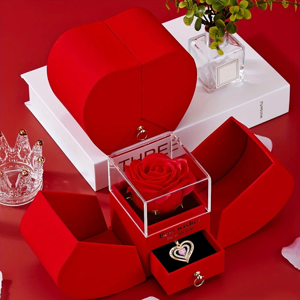 Exquisite Pink Heart Necklace withRed Rose Gift Box for Wife,Mother's Day Present,Valentine's Date Souvenir,Anniversary Keepsake