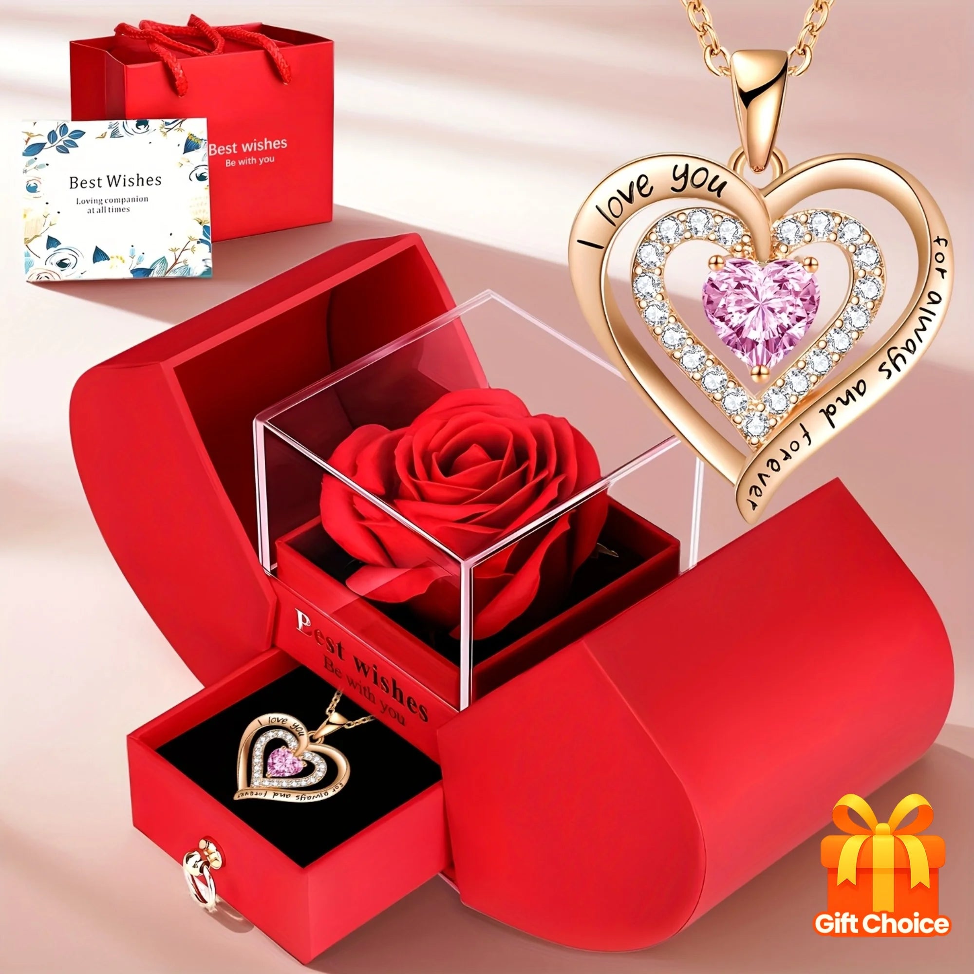 Exquisite Pink Heart Necklace withRed Rose Gift Box for Wife,Mother's Day Present,Valentine's Date Souvenir,Anniversary Keepsake
