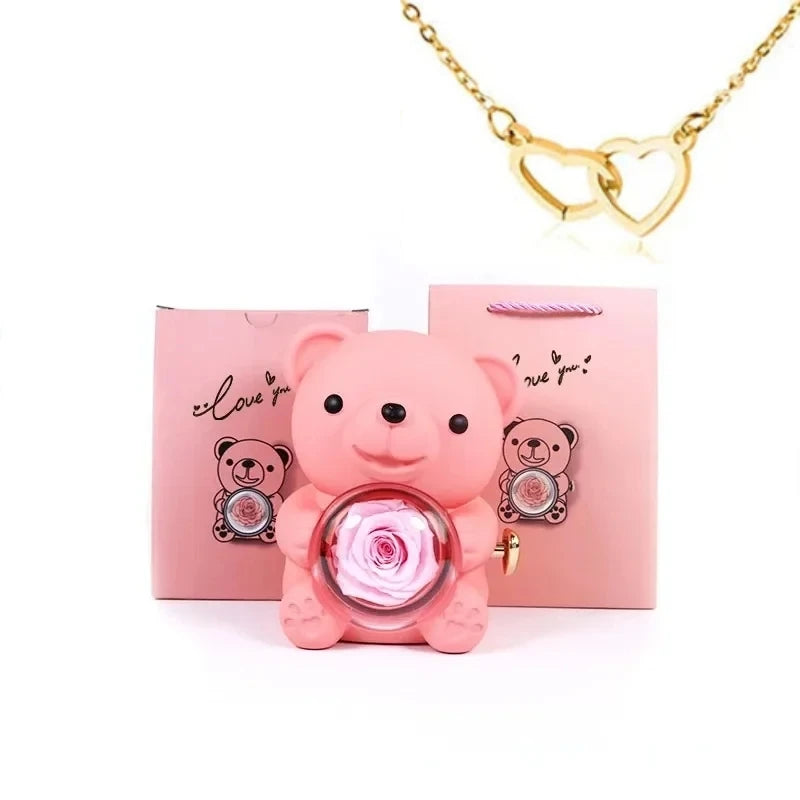 Eternal Rose Bear Gifts Box with Necklace Rotate Rose Jewelry Box Valentine Wedding Storage Christmas Gift for Women Girlfriend