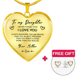 Close-up detail of Heart necklace - Daughter + earrings FREE showing premium quality craftsmanship