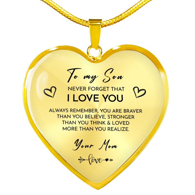Close-up detail of Heart necklace - To my Son from Mom showing premium quality craftsmanship