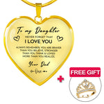 Close-up detail of Heart necklace - Daughter + ring FREE showing premium quality craftsmanship
