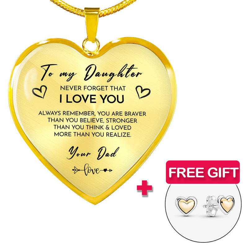 Close-up detail of Heart necklace - Daughter + earrings FREE showing premium quality craftsmanship