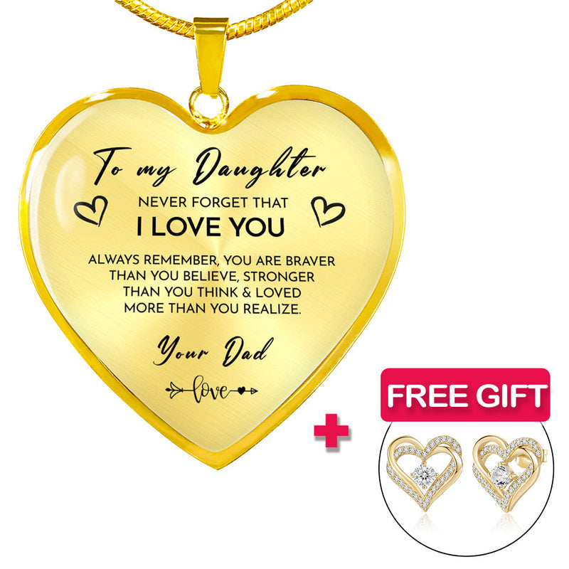 Close-up detail of Heart necklace - Daughter + earrings FREE showing premium quality craftsmanship